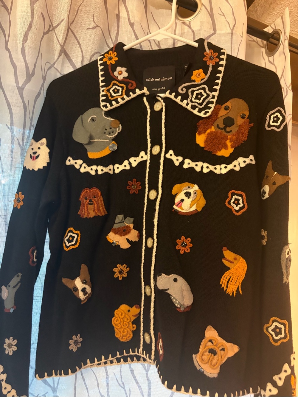 Michael Simon Black Embroidered Dog Portrait Cardigan